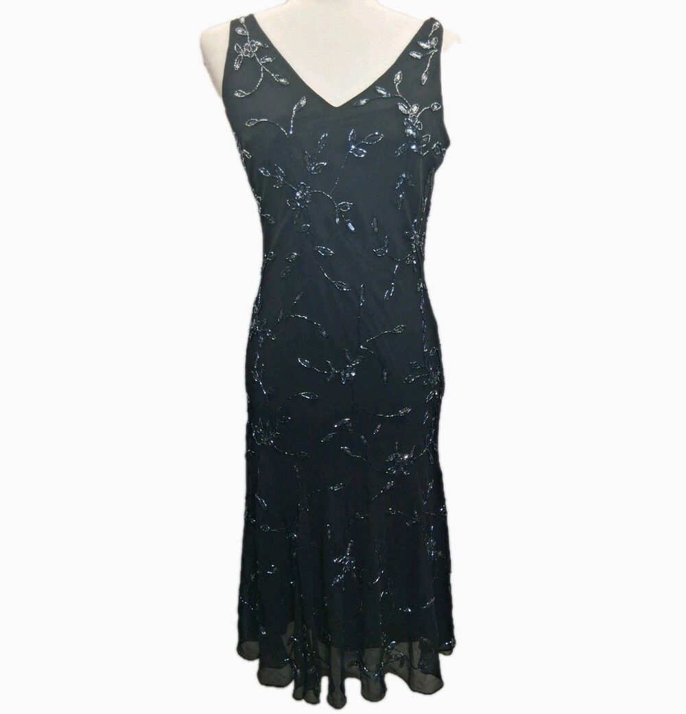 J Kara Vintage Black Beaded Midi Dress Size 10 Flapper Art Deco Formal Evening - Picture 2 of 16